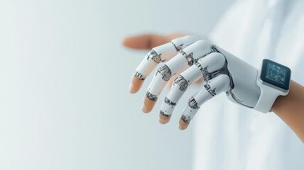 Advanced bionic prosthetic hand with smart technology on minimal white background