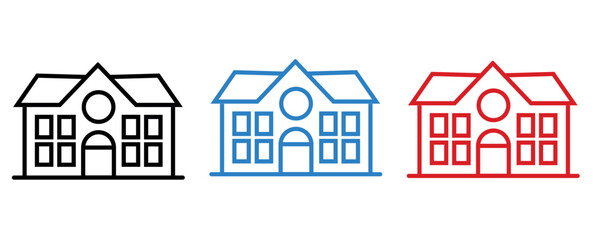 School building line icons, flat style school building icons, colorful linear school building icons vector isolated on white background.