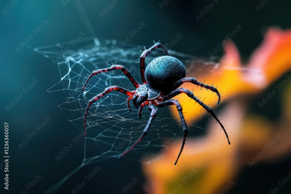 Poster intricate spider on silken web centered in nature captured in delicate detail evoking a sense of won