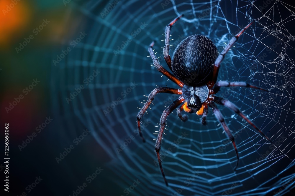 Poster A close-up view of a spider resting in the center of its intricate web showcasing delicate patterns and the beauty of nature's craftsmanship and design