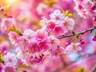 Obraz premium Dreamy pink sakura bokeh, soft-focus spring blossoms create a stunning Japanese cherry tree background.