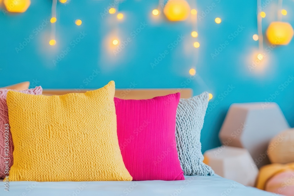 Aufkleber cozy bed decorated with vibrant colorful pillows and soft twinkling lights creating a warm inviting 