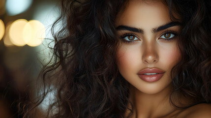 Fototapeta premium Woman's Portrait, Close-up, Dark Hair, Bokeh Background, Beauty