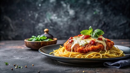Fototapeta premium A Close-Up View of a Delicious Chicken Parmesan with Melted Cheese and Red Sauce Served Over Spaghetti Noodles on a Black Plate