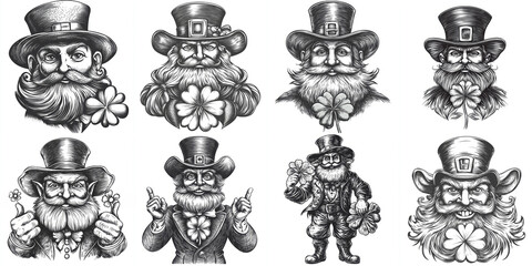 Vintage Leprechaun Engravings - Eight cheerful leprechauns, vintage style,  Irish folklore, St. Patrick's Day,  lucky charms.