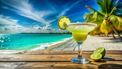 Drone View: Classic Margarita Cocktail on Tropical Beach Bar