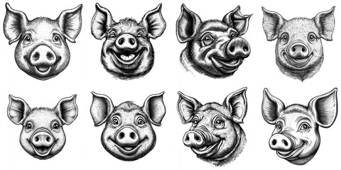 Fototapeta premium Happy Hogs Vintage Engraving - Eight cheerful pig portraits, a charming vintage style, symbolizing joy, farm life, contentment, good fortune, and wholesomeness.