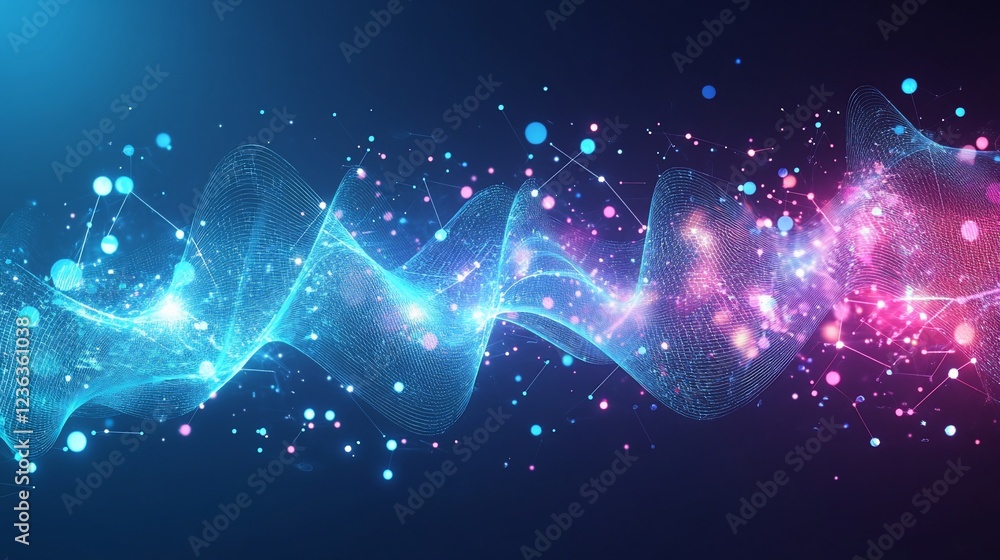 Poster abstract wave of light with connected dots on dark background for technology use