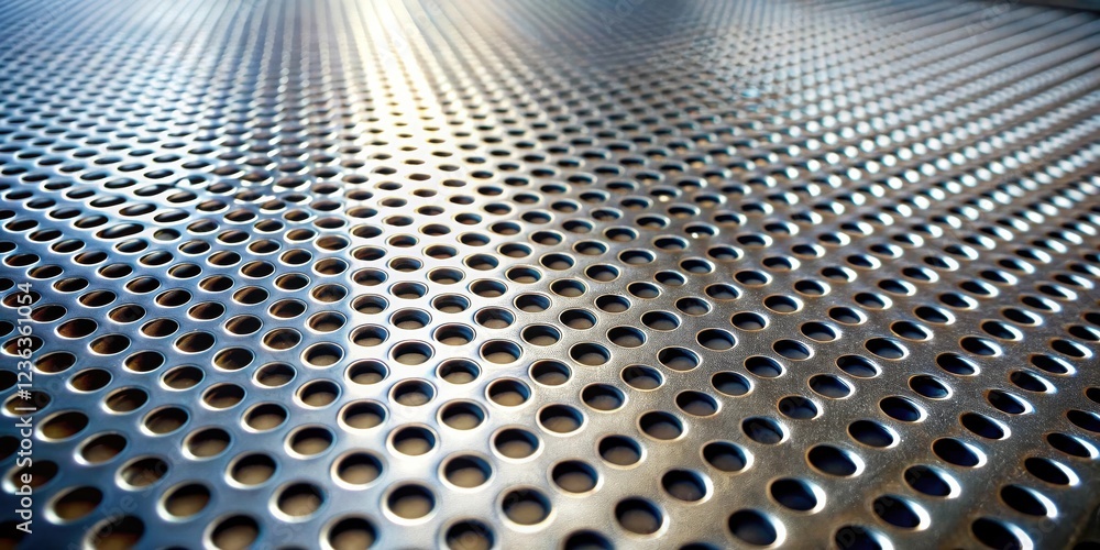 Poster A Close-Up Perspective of a Metallic Sheet with Circular Perforations, Creating a Geometric Pattern of Light and Shadow