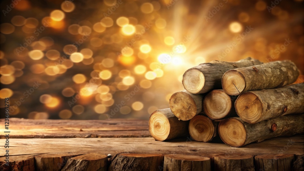 Leinwandbilder a stack of wooden logs on a rustic tabletop with a warm golden bokeh background