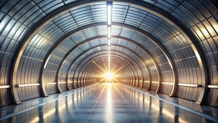 Obraz premium A futuristic tunnel bathed in the warm glow of the setting sun, with a pathway leading toward a bright horizon.