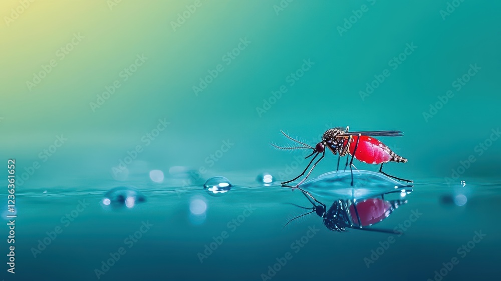 Poster a delicate mosquito resting on a tranquil water surface surrounded by soft reflections evoking a sen