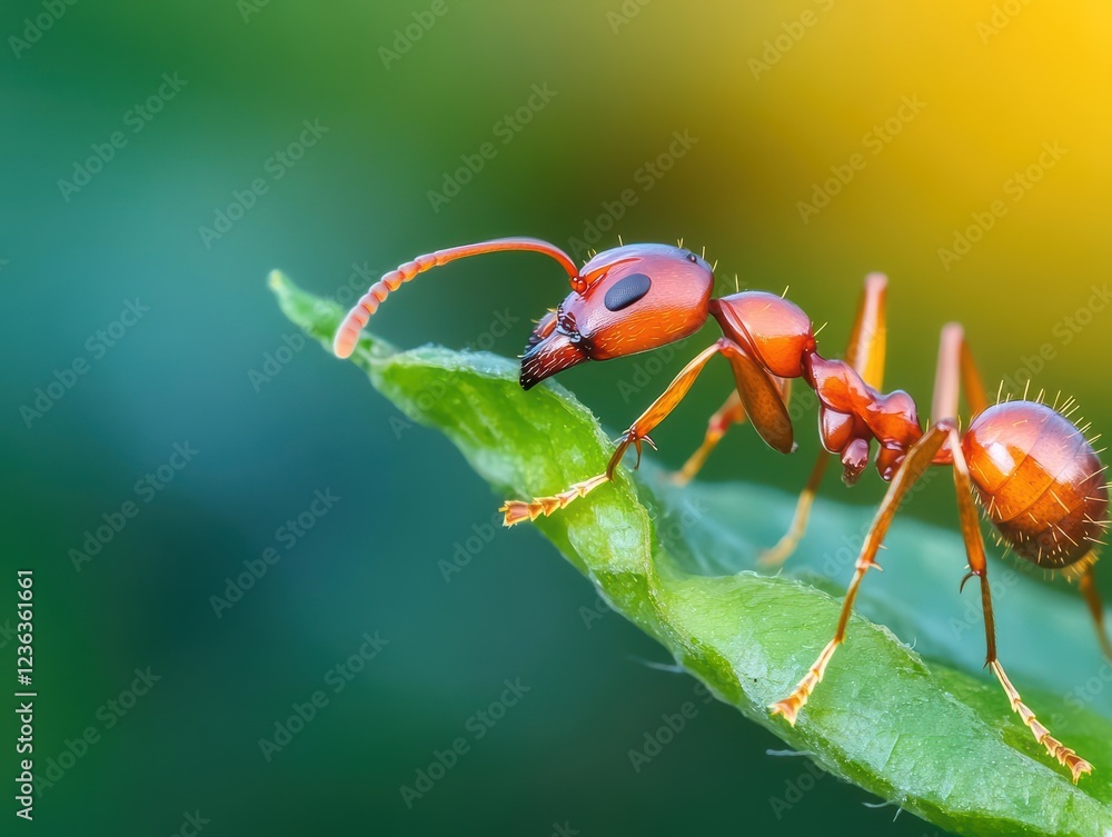 Aufkleber Intricate Close Up of a Vibrant Red Ant Crawling on a Leaf Capturing the Details of Its Exoskeleton and Antennae in a Natural Environment Setting