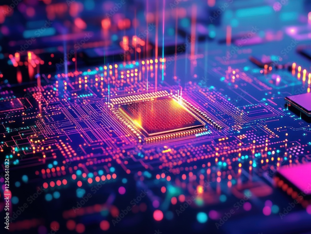 Poster Vibrant Computer Chip Embedded in a Complex Circuit Board Illuminated by Multicolored Lights Creating a Dynamic and Technologically Inspired Scene