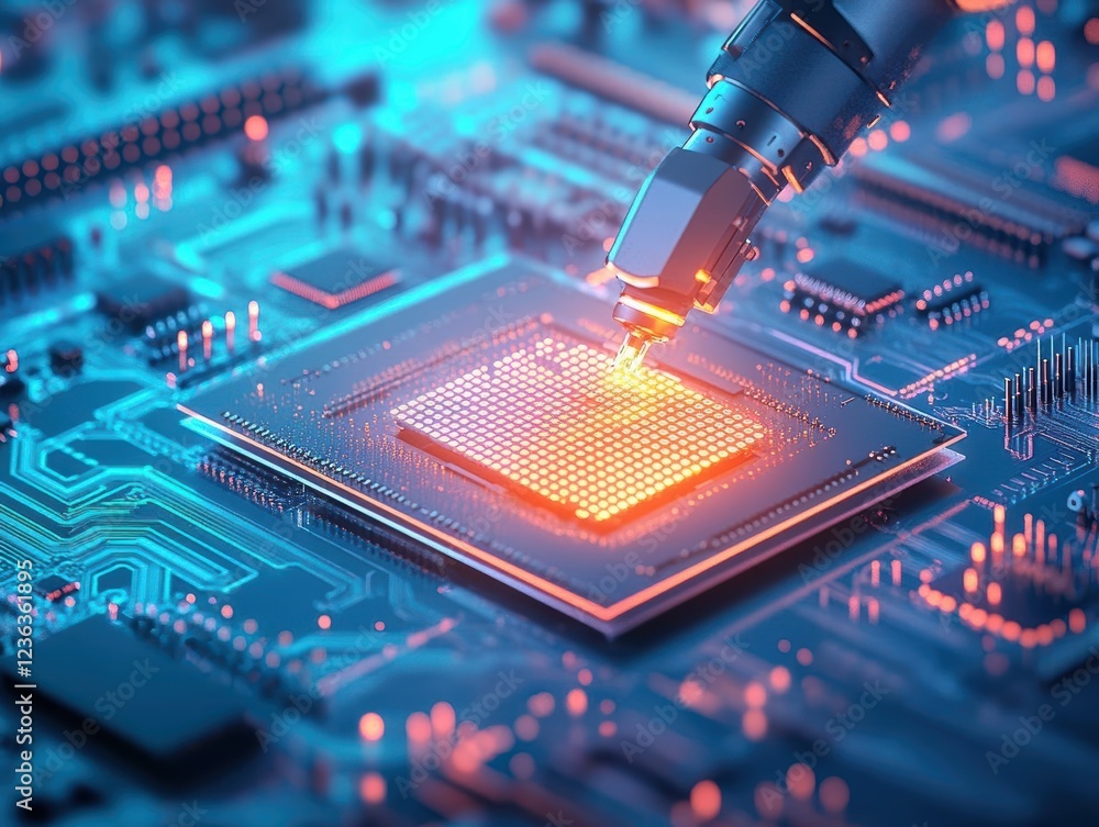 Leinwandbilder Closeup of a Microscope Examining Intricate Circuit Patterns Surrounded by Advanced Technology Elements in a Laboratory Setting Highlighting Innovation