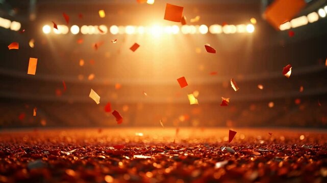 A dynamic scene capturing colorful confetti falling in a stadium, evoking celebration and excitement. Perfect for sports, events, or marketing use.
