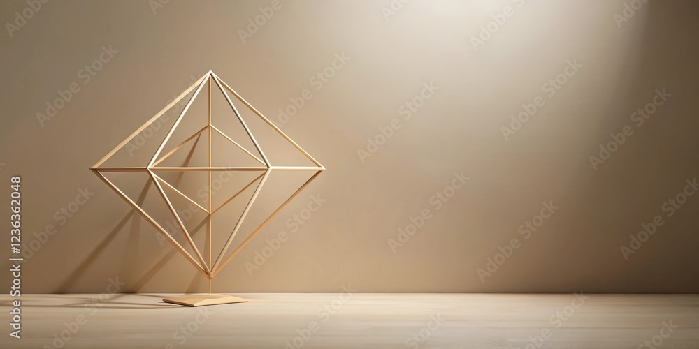 Aufkleber a geometric wooden sculpture stands on a wooden surface against a neutral background casting a shado