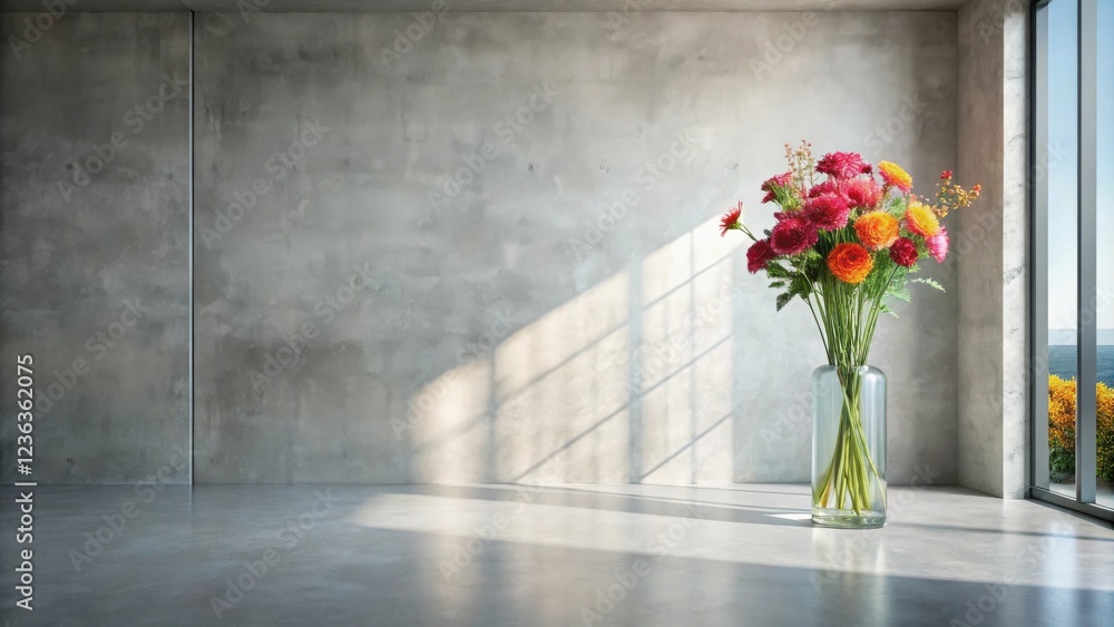 Poster A Bouquet of Vibrant Flowers Adds a Touch of Color to a Modern Minimalist Room with Concrete Walls and a Window View