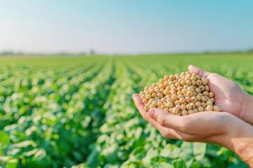 Individual Grasping a Handful of Freshly Harvested Soybeans in a Natural Setting Symbolizing Sustainability and Agricultural Abundance and Health Benefits
