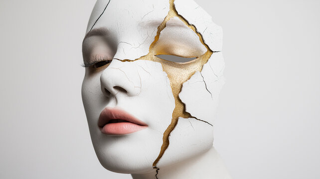 White porcelain mask with golden kintsugi cracks, isolated on white - Powered by Adobe