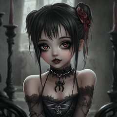 Dark gothic anime girl with red eyes, black lace dress, and a bat pendant in a mysterious castle. Fantasy vampire-inspired character with doll-like beauty and eerie charm.
