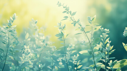 Sunlit meadow with delicate green foliage in a soft-focus atmospheric landscape