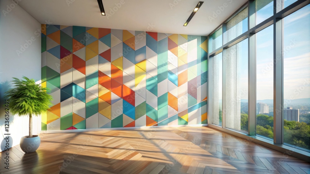 Poster Sunlight streams through large windows illuminating a modern interior with a geometric patterned wall and hardwood floors