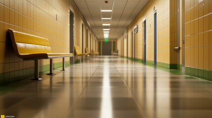 Obraz premium hospital corridor featuring yellow benches, tiled walls, and bright lighting creates calm and sterile environment. long perspective emphasizes spaciousness of area