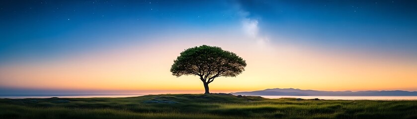 Fototapeta premium Serene Sunset: Lone Tree Silhouetted Against a Starry Sky