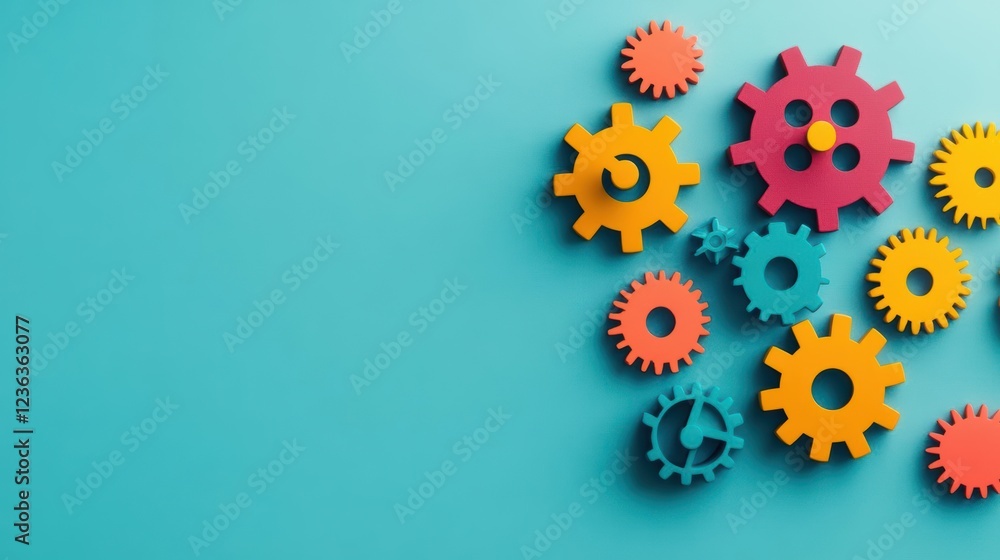 Aufkleber vibrant colorful gears arranged artistically on a bright blue background creating a playful and enga