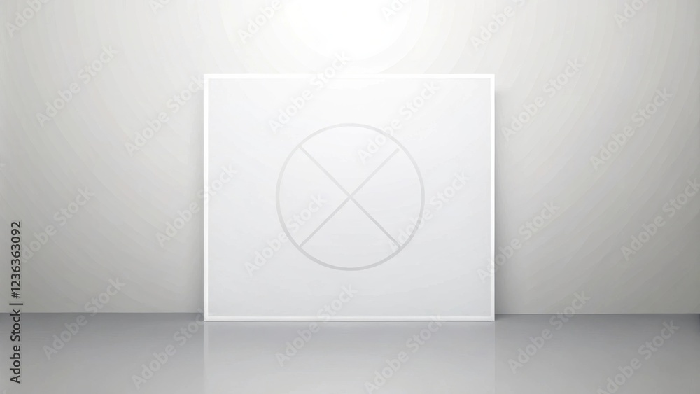 Poster a minimalist white square canvas featuring a subtle circle and cross design in a modern interior set