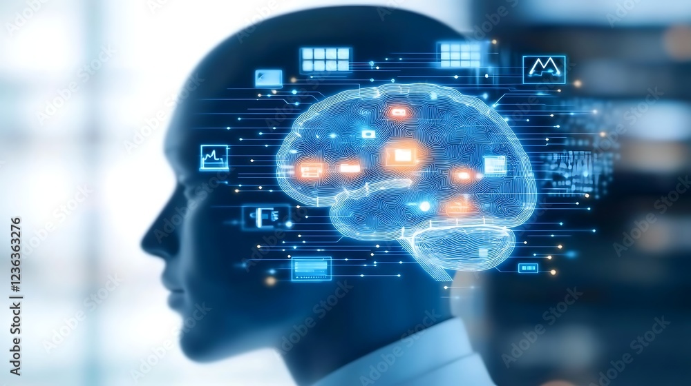 Poster exploring the connection between artificial intelligence and human brain functionality