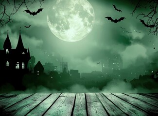 Halloween background with wooden floor and silhouette of haunted house on full moon night background. Vector illustration design for product display presentation