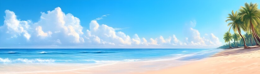 Obraz premium Serene Tropical Beach: Azure waters, white sand, and swaying palm trees under a vibrant sky.