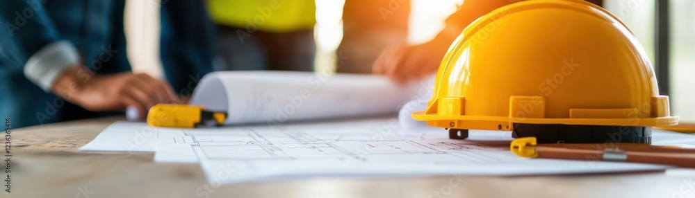 Poster Construction Helmet and Detailed Blueprints on Table Representing Project Planning and Architectural Design with Tools for Building and Development Work