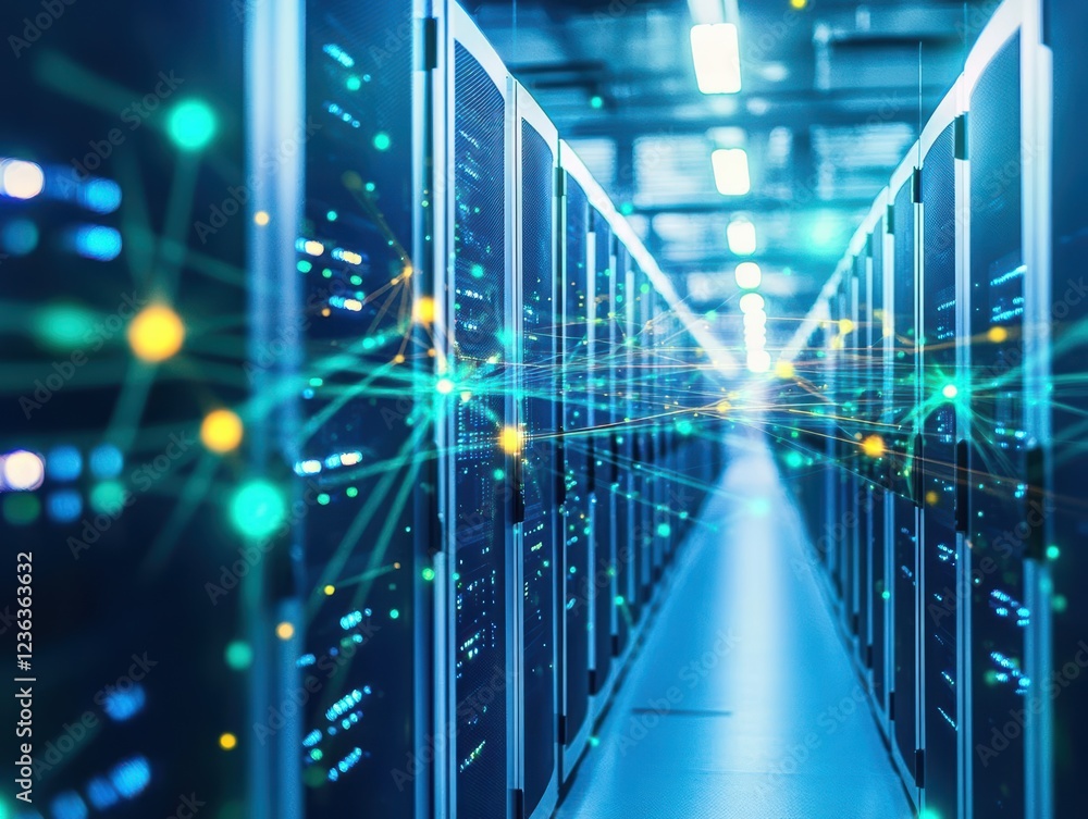 Poster High-Tech Server in Modern Server Room with Advanced Cooling Systems and Organized Cabling Creating a Sleek and Efficient Data Management Environment