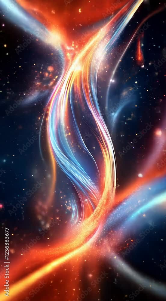 Poster dynamic abstract design featuring colorful waves of light in vibrant patterns, creating a sense of m
