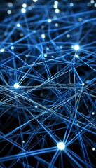 Complex Network of Nodes and Connections, Futuristic Technology Illustration with Glowing Blue Lines