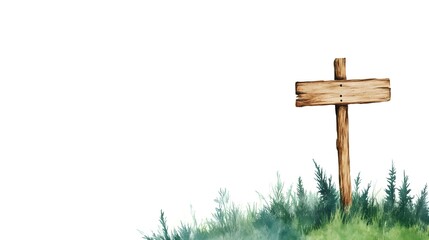 Naklejka premium Rustic Wooden Signpost in Verdant Meadow: A Blank Canvas for Your Message.