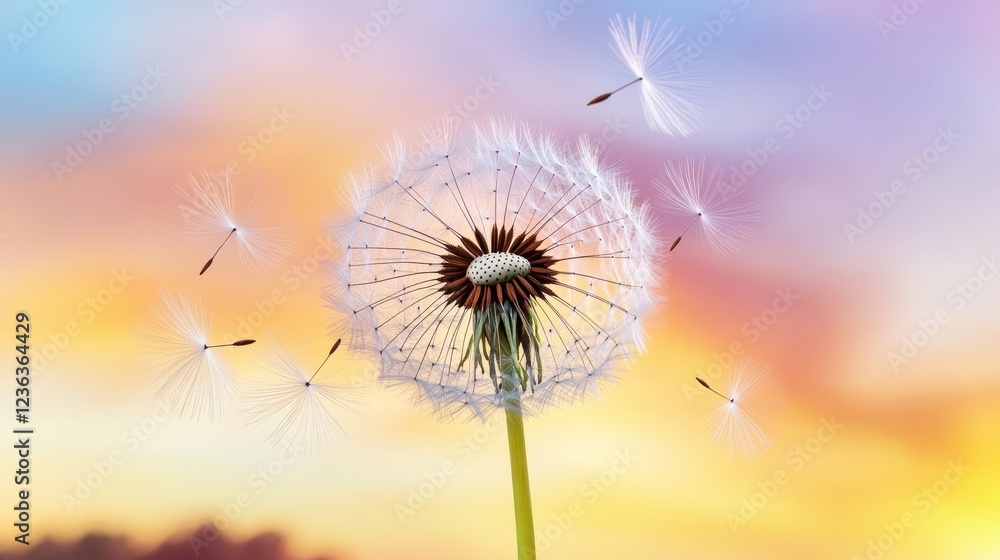 Poster Captivating Image of a Dandelion Seed Head in Soft Focus with Delicate Fluffy Seeds Ready to Drift Away on a Gentle Breeze in a Sunny Meadow