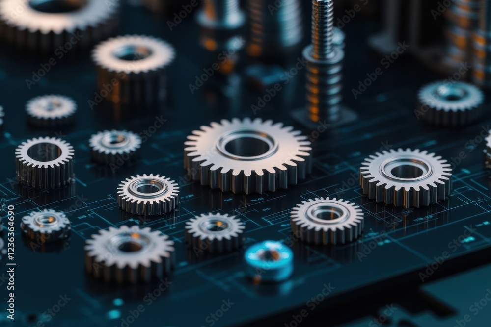 Poster Intricate Close Up of Computer Circuit Board Featuring Interconnected Gears and Components Representing Advanced Technology and Engineering Innovation
