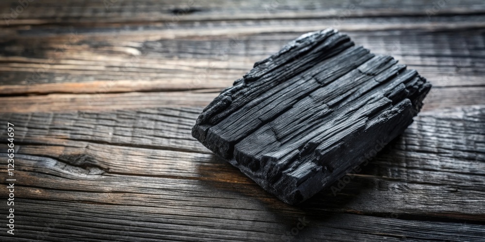 Aufkleber dark charcoal block resting on rustic wooden surface