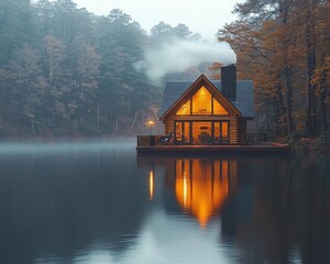 Obraz premium Cozy Cabin by the Tranquil Lakeside Reflecting Misty Dawn Smoke
