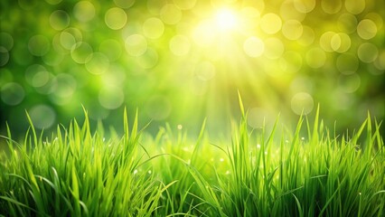 Vibrant green grass illuminated by the warm morning sun, a tranquil nature scene with bokeh background