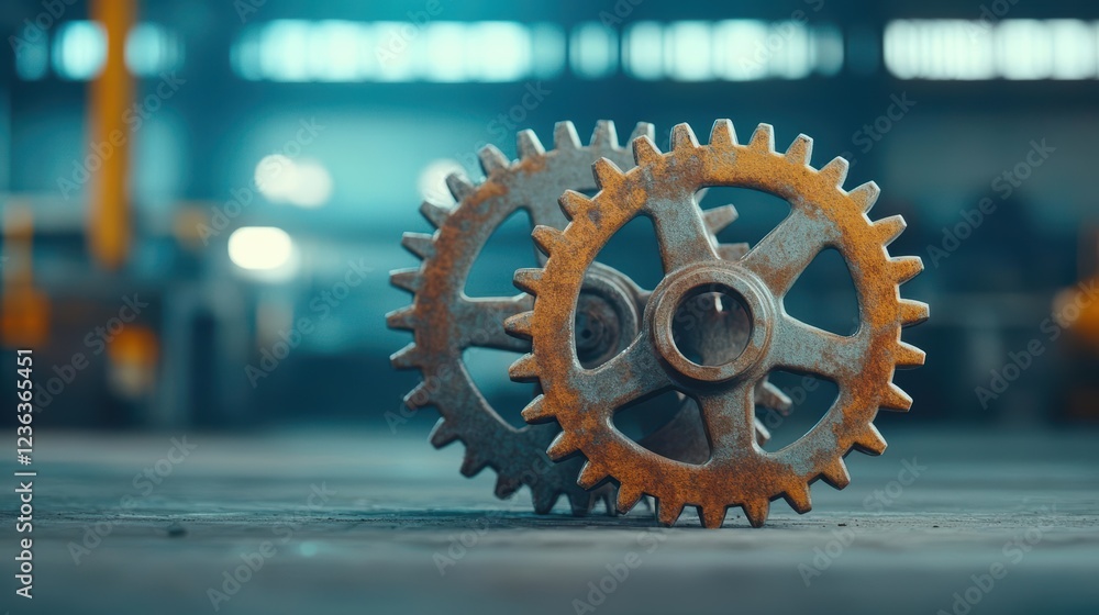 Poster intricate gear wheel resting on rustic wooden table showcasing detailed mechanism and industrial des