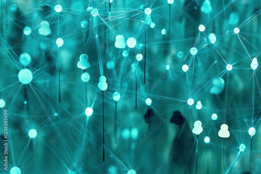 Poster abstract teal background with network connections and stylized human icons represents digital intera