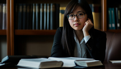 A young woman is sitting at a desk, the image symbolizes business