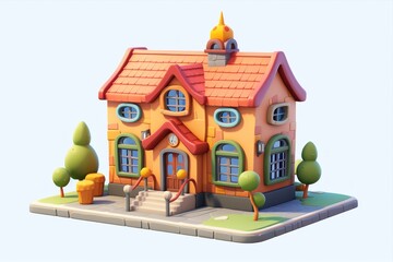 Low poly cartoon school building with colorful facade, chimney, tiled roof, surrounded by trees, trash cans, and sidewalk illustration on a white background