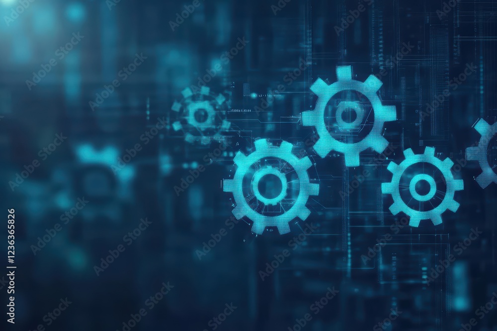Poster Abstract Composition of Interlocking Gears and Circuit Patterns on a Vibrant Blue Background Evoking Innovation Technology and Mechanical Precision