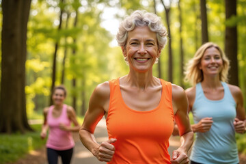 Fototapeta premium three, women, running, forest, older, woman, orange, tank, top